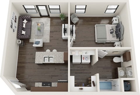 Floor plan for 1 bed, 1 bath, 687 sqft